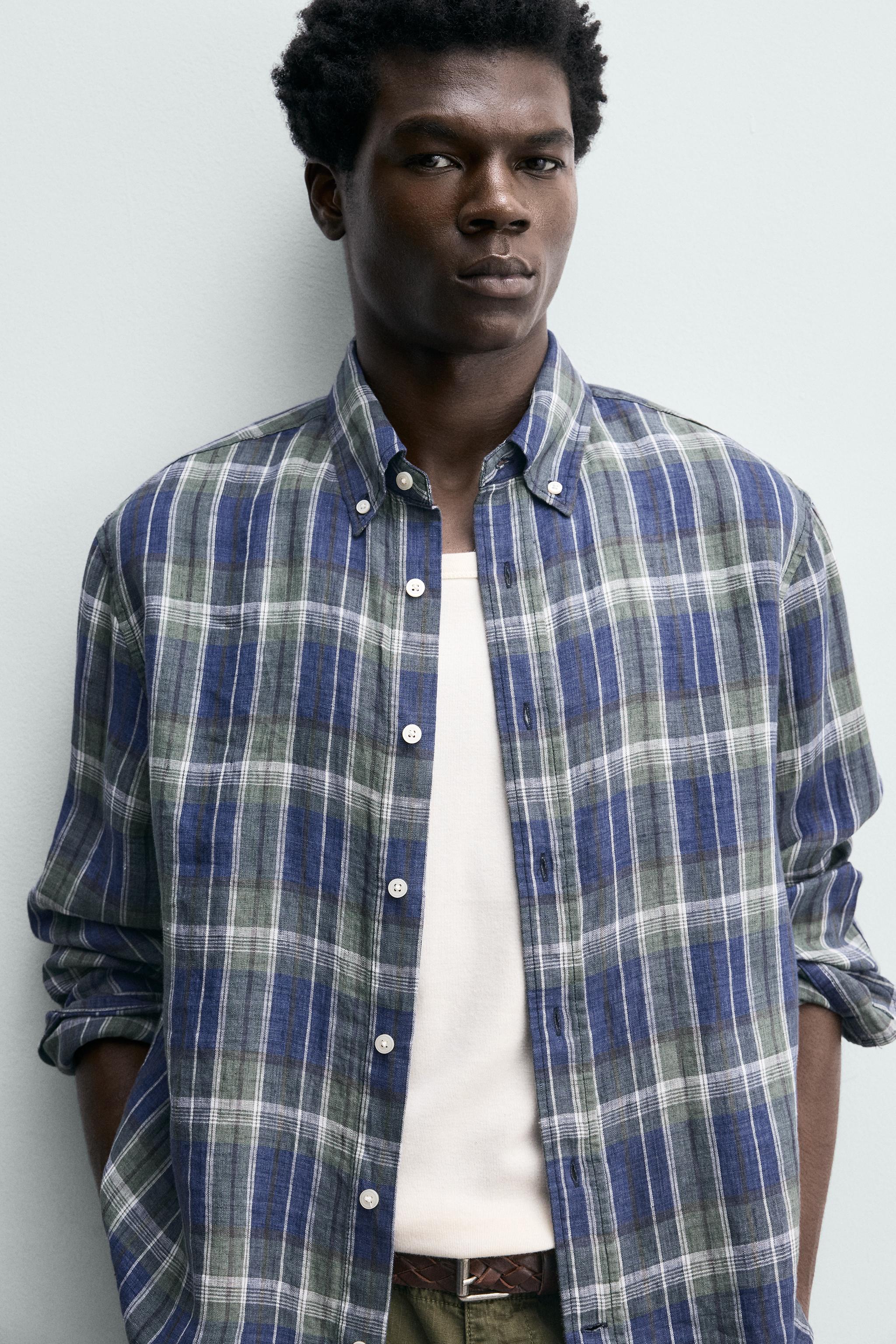 100% LINEN PLAID SHIRT