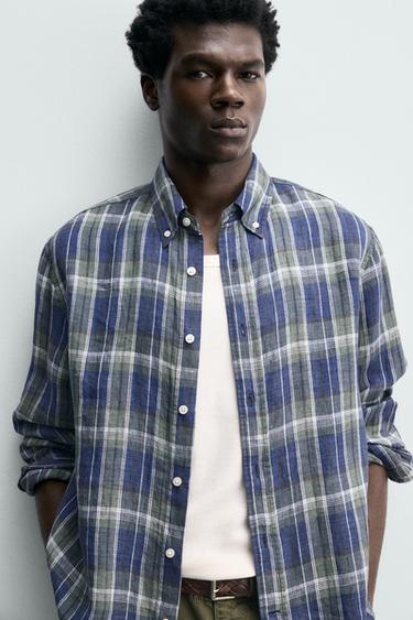 100% LINEN CHECKED SHIRT - Blues by Zara - Image 4