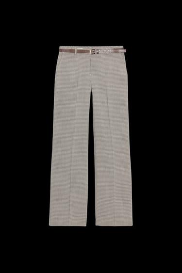 Zara CHECKERED BELTED PANTS - Beige / Navy - Image 0