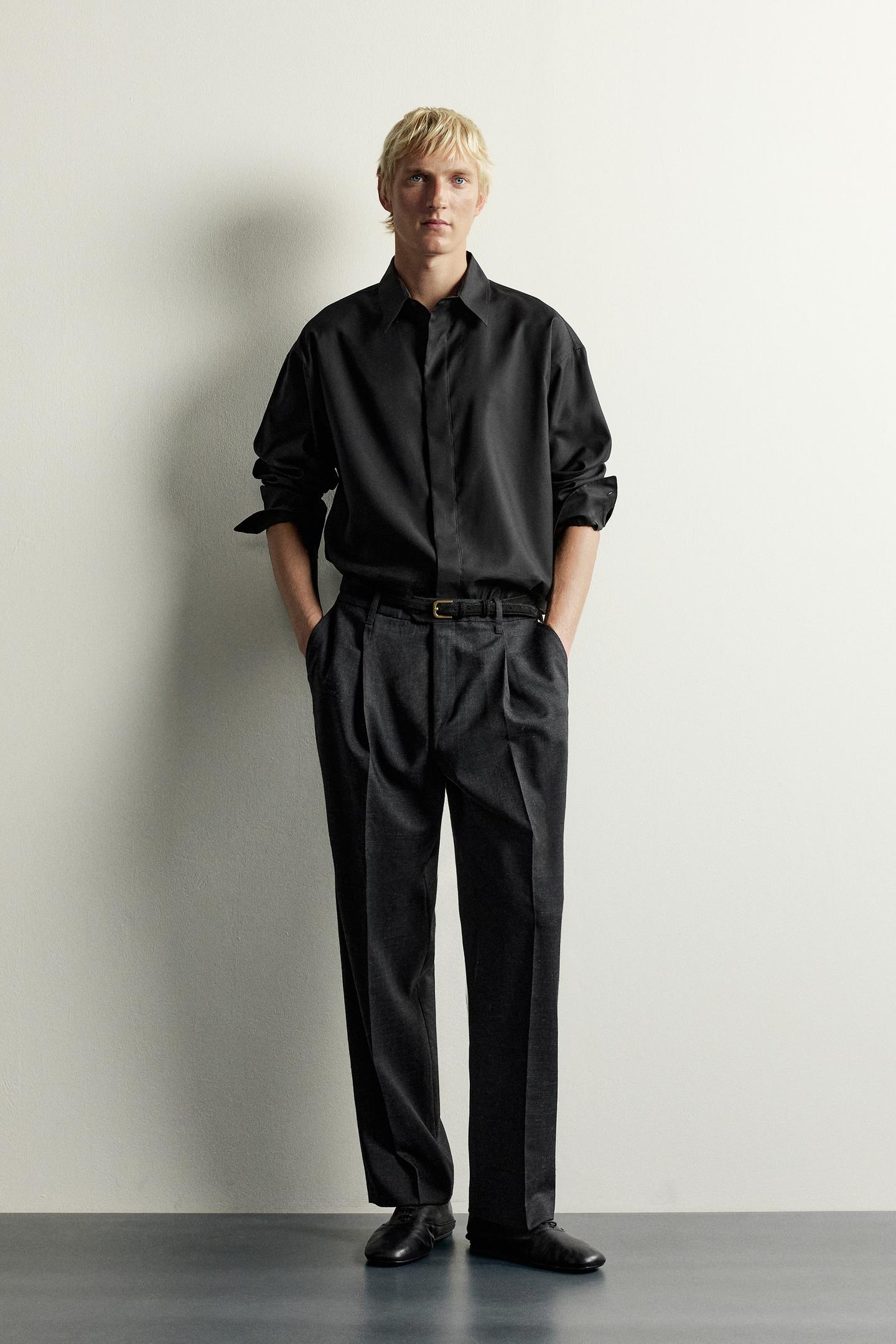 Мужская рубашка Zara Relaxed-Fit Fluid, цвет: Чёрный — фото 1