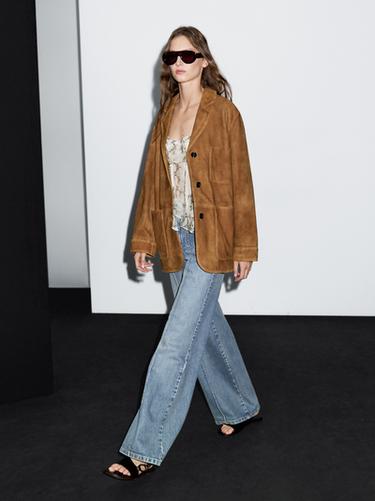 Zara Suede leather blazer with pockets - Dark mink - Image 0