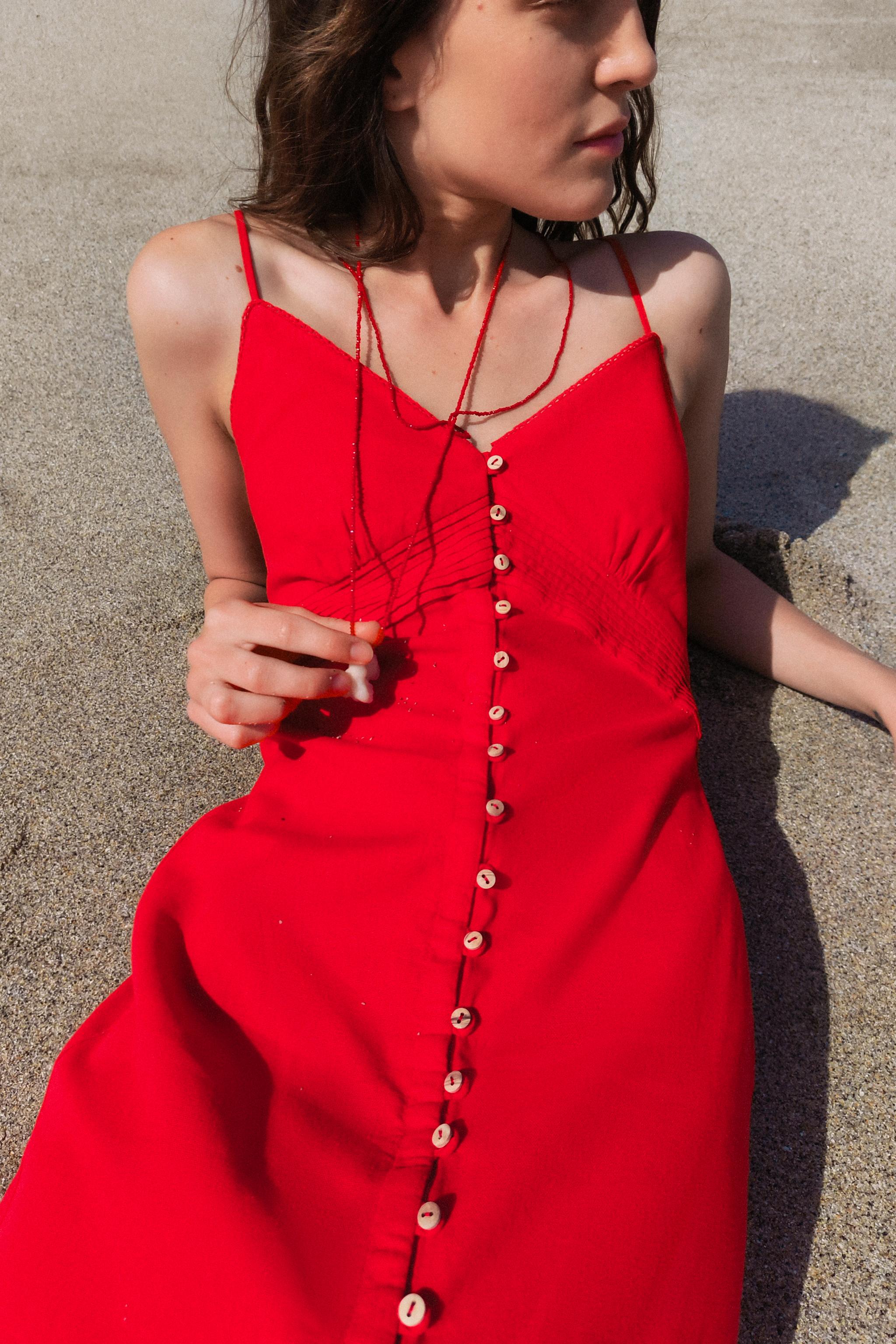 Zara 100% Linen online Red Midi Dress