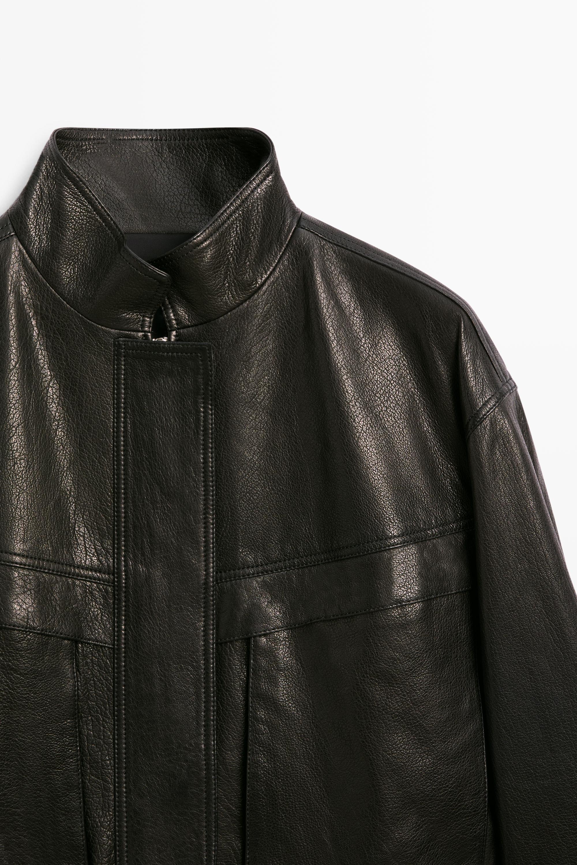 Cropped stand-collar nappa leather jacket — Black