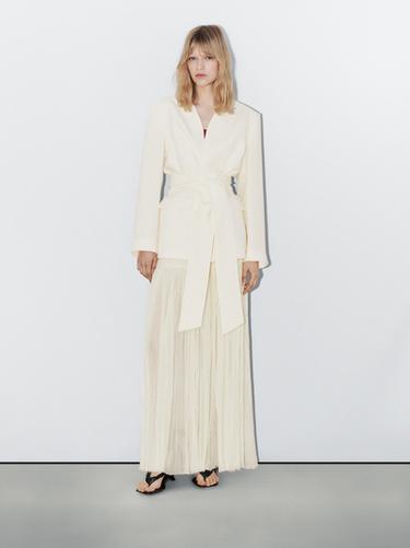 Zara 100% linen cropped blazer with scarf detail - STUDIO - Ecru