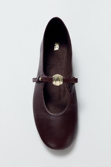 Zara SOFT LEATHER BALLET FLATS - Burgundy Red