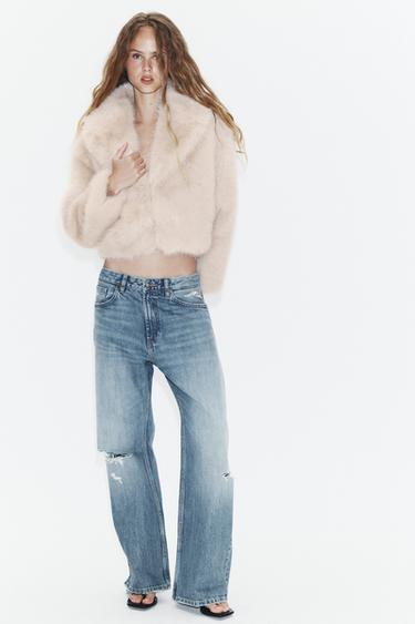Zara FAUX FUR LAPEL COLLAR JACKET - Ecru
