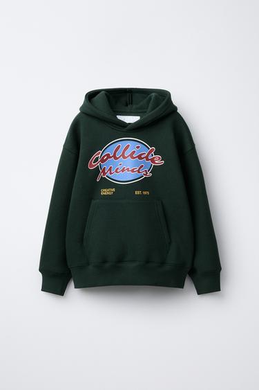 Zara HOODED SWEATSHIRT WITH TEXT - Bottle green - Image 0