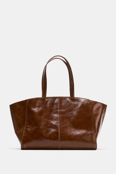 LEATHER TOPSTITCHING TOTE BAG - Dark tan by Zara
