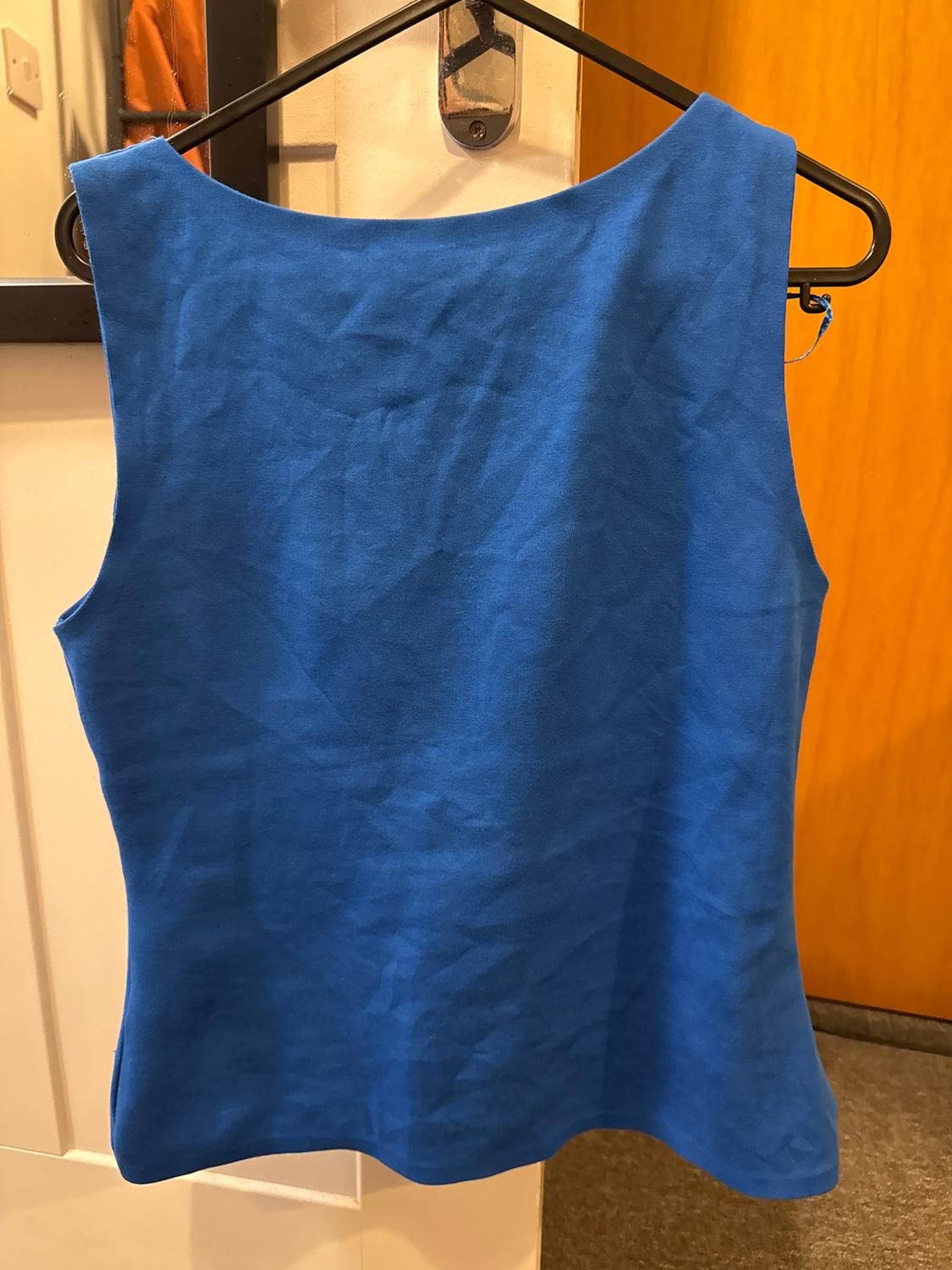 Blue sleeveless t-shirt hanging on a black hanger, against a background of a wooden door and white wall.