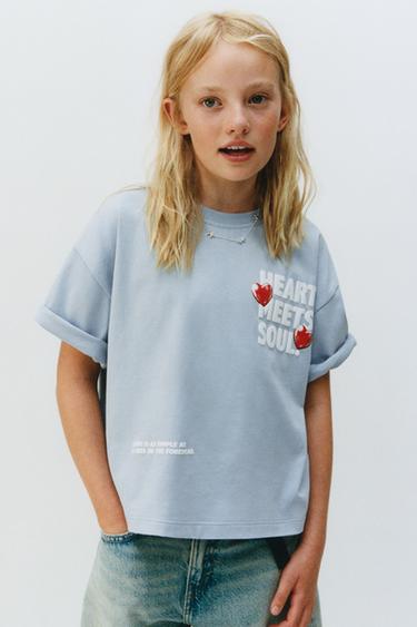 T-SHIRT WITH RAISED PRINT DESIGN - Blue by Zara - Image 4