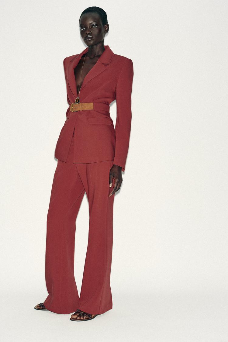 Pantalon Zara Traje Rojo Mujer Zara BLAZER CINTURÓN ANCHO MARSALA