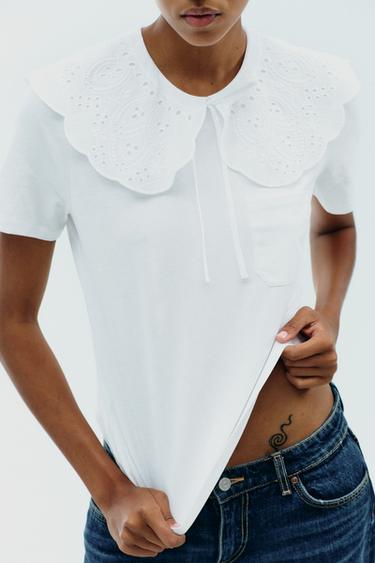EMBROIDERED PETER PAN COLLAR T-SHIRT - White by Zara