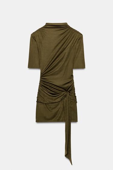 ROBE MINI À FRONCES ET CEINTURE - Kaki de Zara