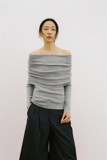 OFF-SHOULDER KNIT JUMPER - Grey marl by Zara