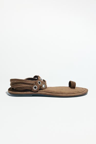 Zara LEATHER SANDALS WITH METAL EYELETS - Brown