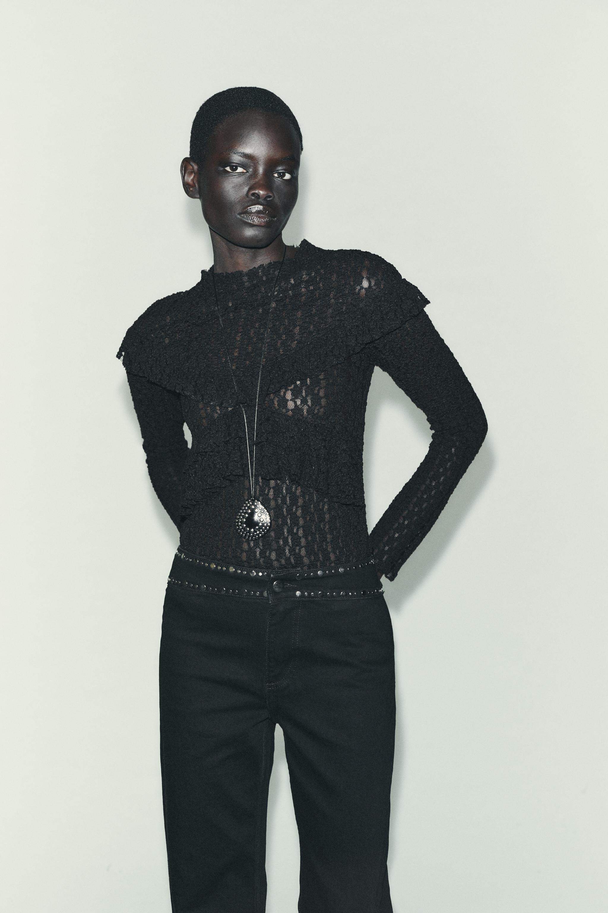 らっきょ RUFFLED LACE TOP - Black | ZARA United States