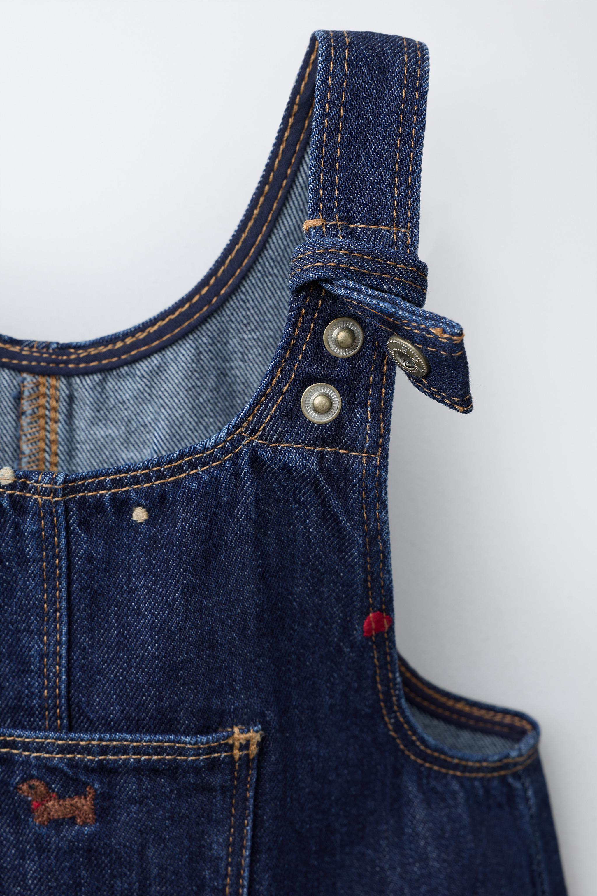 EMBROIDERED HEART DENIM PINAFORE DRESS