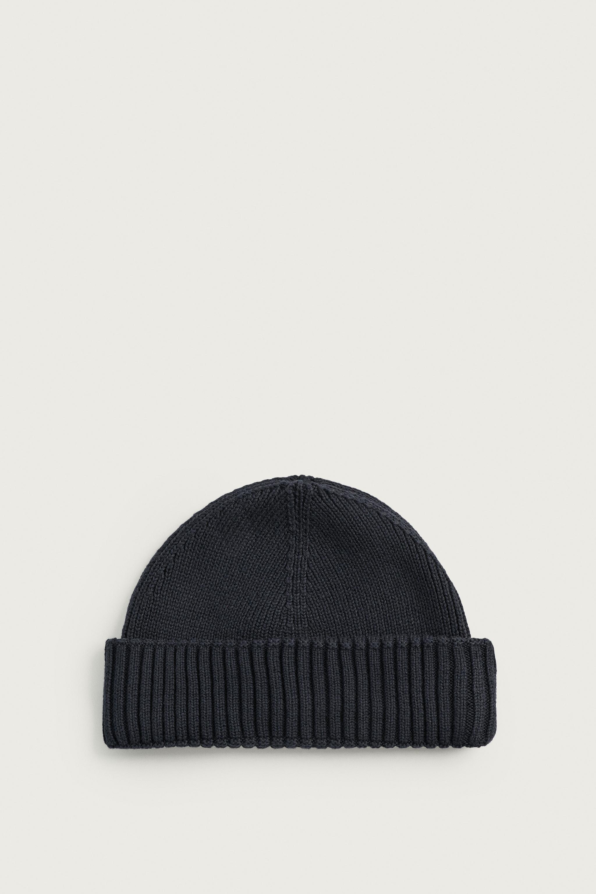 COTTON BLEND SHORT KNIT BEANIE — navy