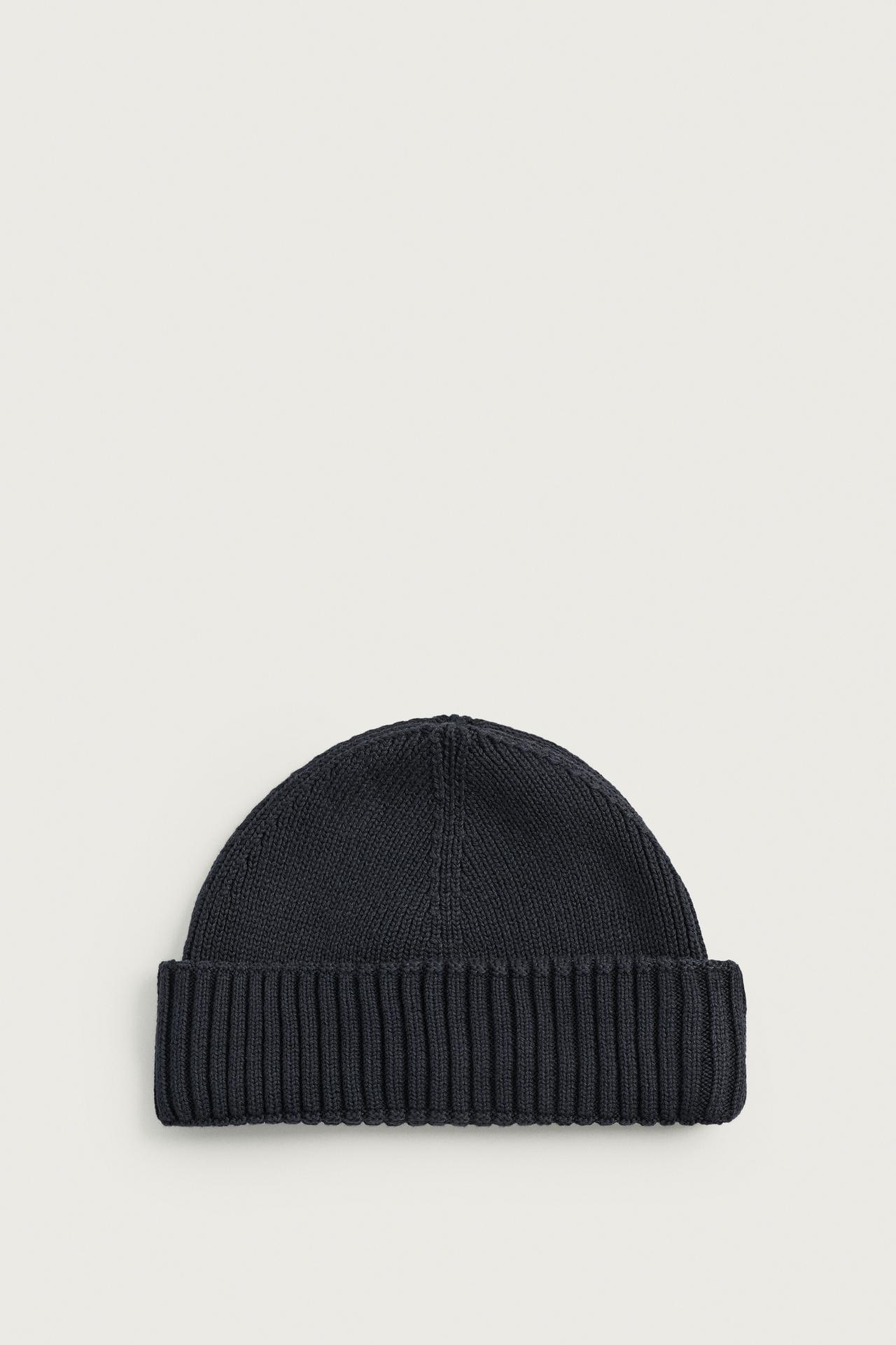 COTTON BLEND SHORT KNIT BEANIE — navy