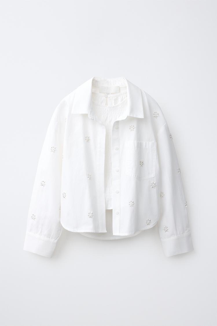 Pack de camisa a rayas y top fruncido con apliques de cuentas