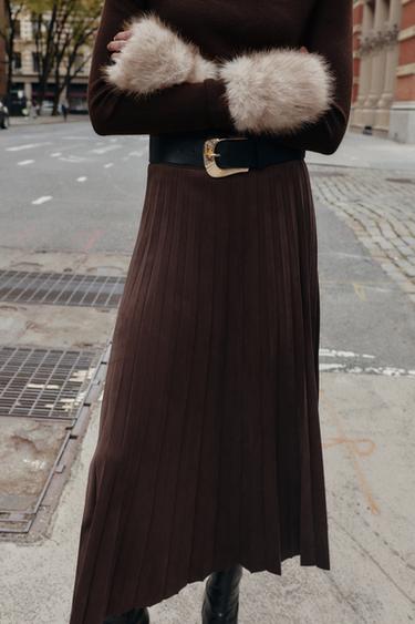 PLEATED FAUX SUEDE MIDI SKIRT WITH BELT - Dark brown by Zara