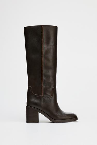 LEATHER BLOCK HEEL BOOTS - Chocolate Brown by Zara