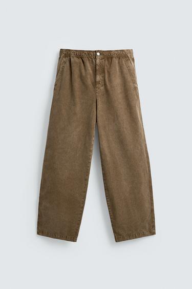 Zara WASHED TEXTURED PANTS - Brown - Image 0