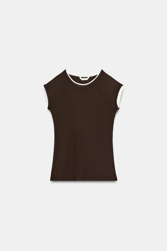 ÁO PHÔNG HIỆU ỨNG KÉP CỘC TAY - Màu nâu/nâu nhạt từ Zara - Hình ảnh 0