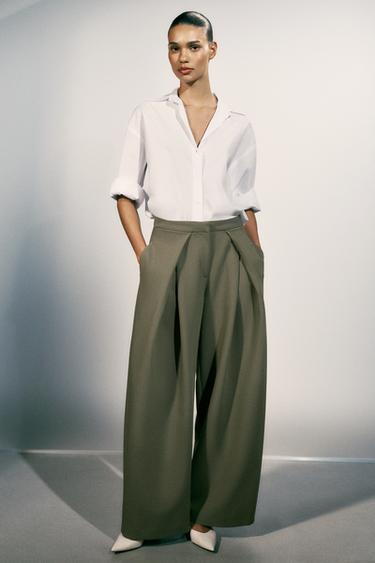 PLEATED WIDE-LEG PANTS — Khaki 1