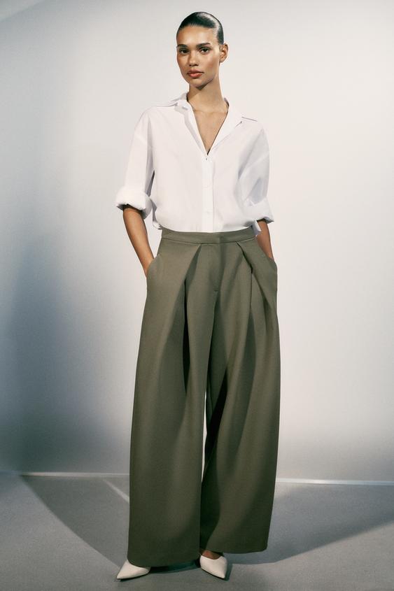 PLEATED WIDE-LEG TROUSERS - Khaki by Zara - Image 0