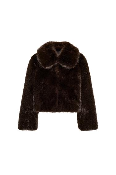 Front view of a brown faux fur jacket with a lapel collar and long sleeves.