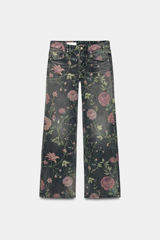 JEANS TRF LOOSE FOLDED TIRO BAJO FLORES - Negro de Zara - Imagen 0