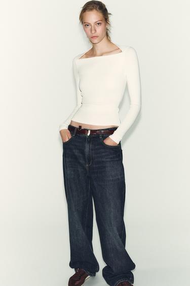 تيشرت RIB بأكمام طويلة - أبيض مكسور by Zara
