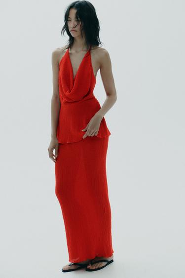 JUPE LONGUE TEXTURÉE - Rouge soutenu de Zara