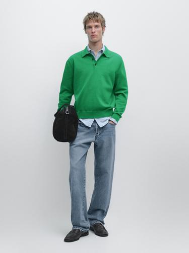 Zara Cotton knit polo collar sweater - Billiard green