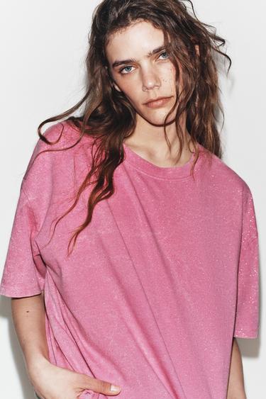 T-SHIRT EFFET DÉLAVÉ À PAILLETTES - Rose de Zara - Image 2
