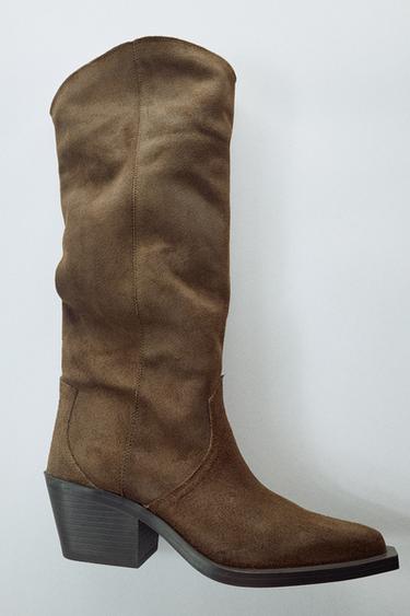 LEATHER COWBOY BOOTS - Khaki Green by Zara