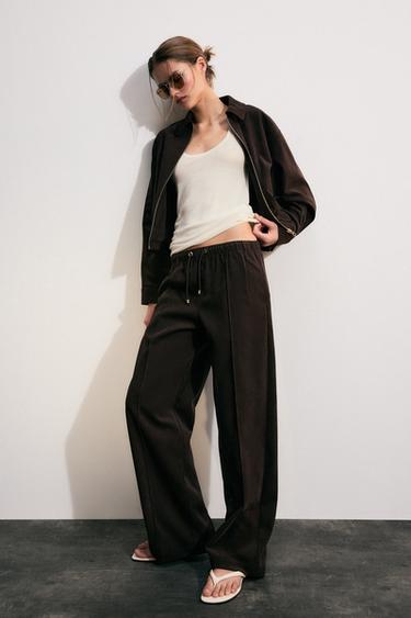 STRAIGHT-LEG PINTUCK TROUSERS - Dark brown by Zara