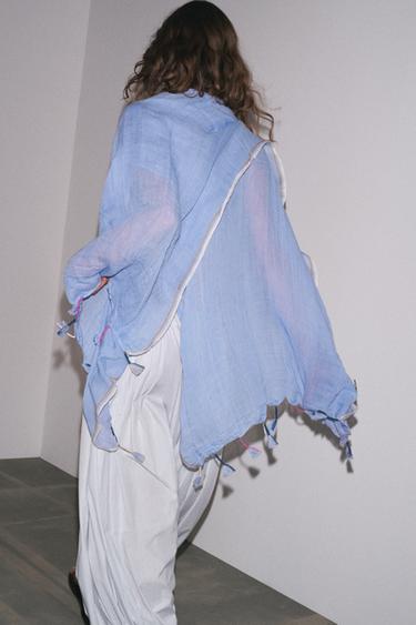 STRIPED LINEN BLEND SCARF WITH POM-POMS - Blue by Zara - Image 1