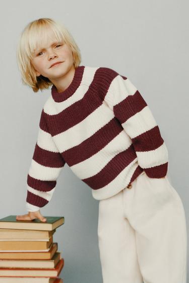 STRIPED WOOL KNIT SWEATER - Ecru / Maroon by Zara