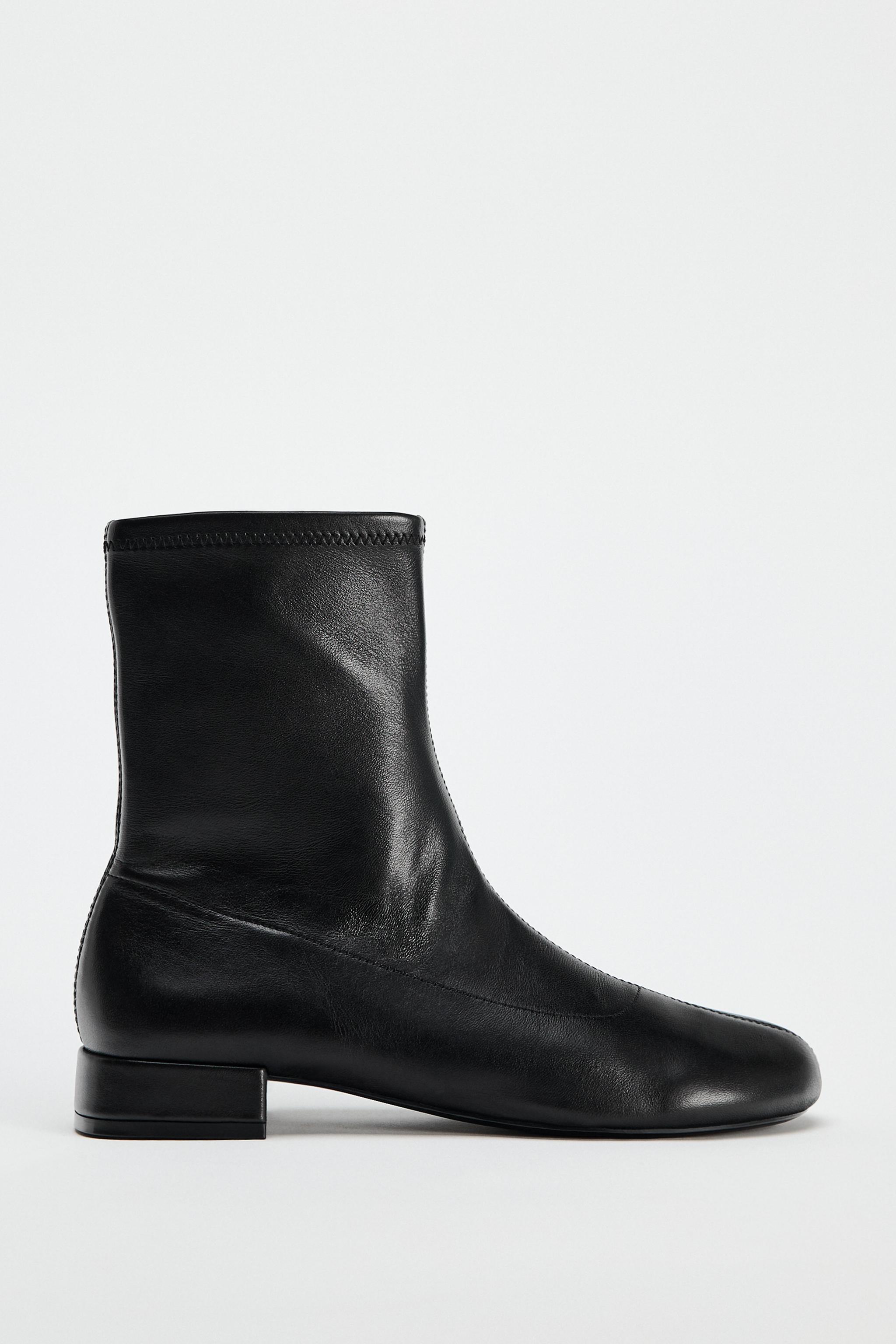 Botines Calcetin Botin Tacon Ancho Piel Zara Botin Negro Zara Botines De Piel Mujer Zara BOTÍN PIEL PLANO Negro