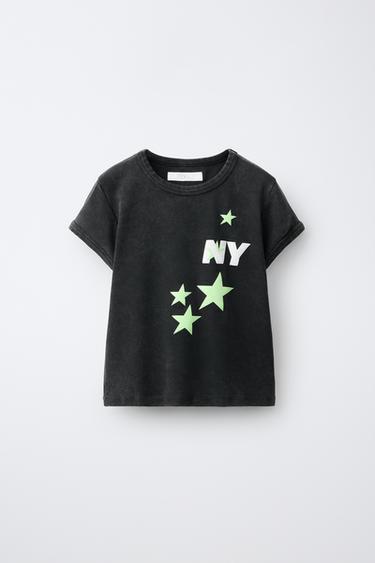 ACID WASH STAR AND TEXT PRINT T-SHIRT - Anthracite grey by Zara
