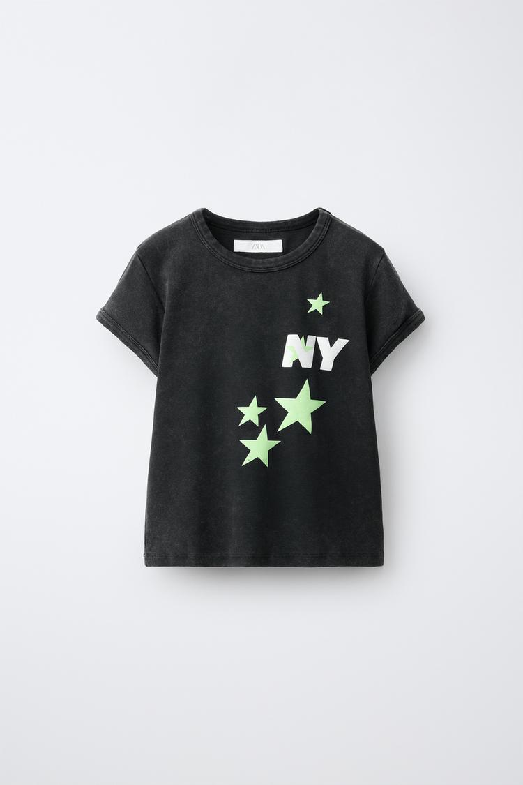 Acid Wash Star & Text Print T-Shirt — Anthracite grey