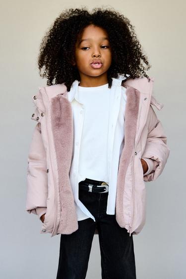 Zara WATER REPELLENT DOWN PUFFER COAT WITH REMOVABLE FAUX FUR HOODIE - Pink