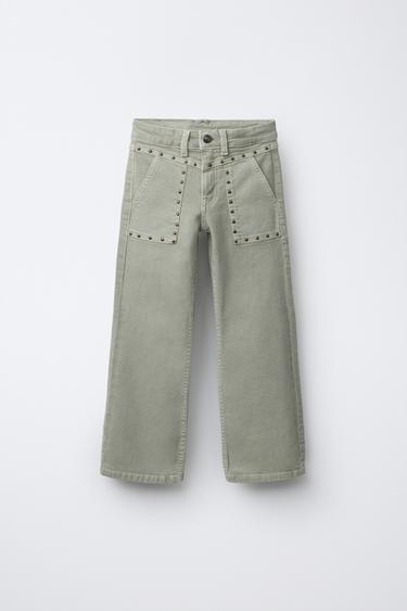 STUDDED FLARE TROUSERS - washed green by Zara