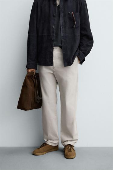 STRAIGHT-LEG TWILL TROUSERS - Stone by Zara - Image 1