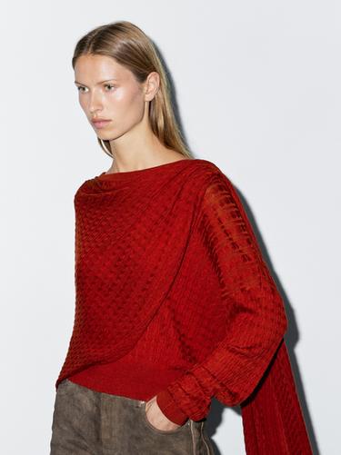 Zara Cable-knit sweater with scarf detail - Red