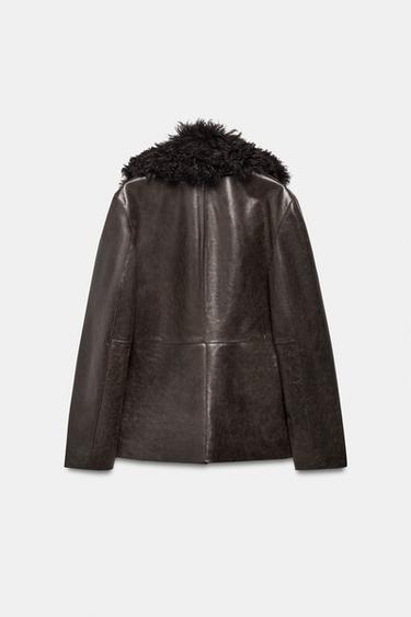 VESTE EN CUIR COL EFFET FOURRURE ZW COLLECTION ÉDITION LIMITÉE - Marron de Zara - Image 5