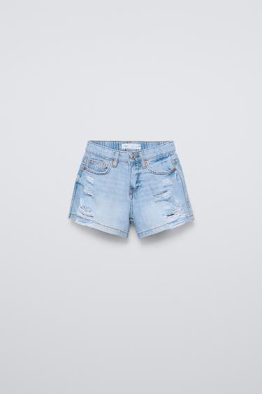 Zara RIPPED DENIM SHORTS - Light blue