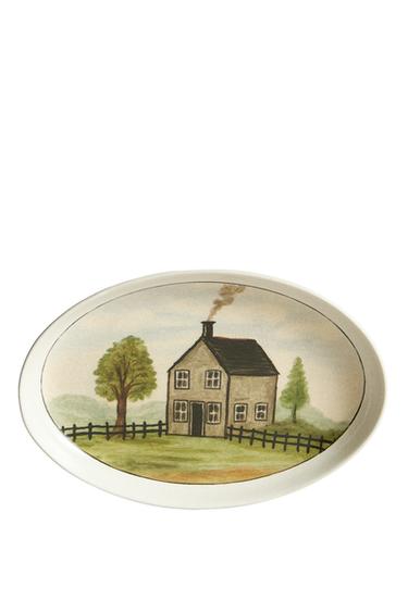 Stoneware serving dish with little house - Blue grey Zara